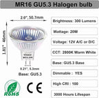 Vinaco MR16 Halogen Bulb 6 Pack, 20W 12V, 3000Hrs, Warm White, Dimmable, GU5.3 Base, Landscape & Track Lights