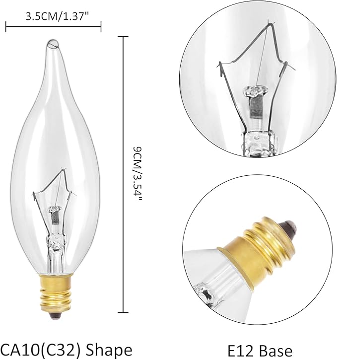 12-Pack E12 B10 Clear Candelabra Base Bulb, 40W 120V Incandescent Candle Light Bulbs Dimmable Chandelier Light Bulbs for Pendants or Outdoor, Ceiling Fan, Wall Sconces, Fireplace (40, Watts)