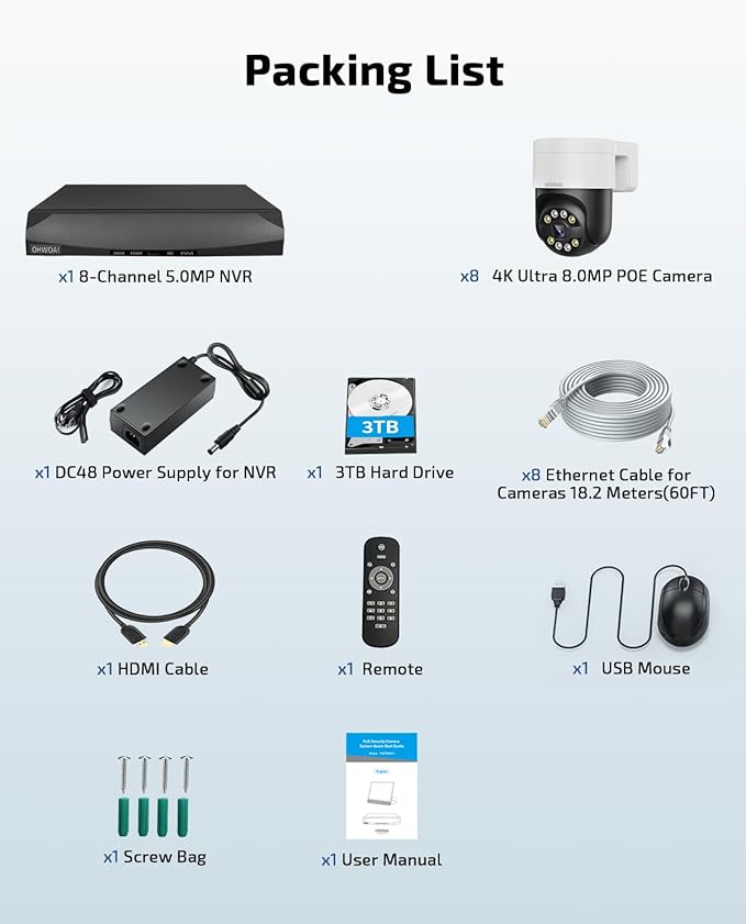 《2-Way Audio & Auto-Tracking》4K Outdoor Wired Security Camera System,360 Degrees Security PTZ IP Cameras,Surveillance Video Equipment, Surveillance DVR Kits