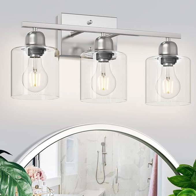 Modern Brushed Nickel 3 Light 19 inch Vanity Lights for Bathroom with Clear Glass, Bathroom Lighting Fixtures Over Mirror for Mirror Kitchen Living Room Hallway Cabinet Porch