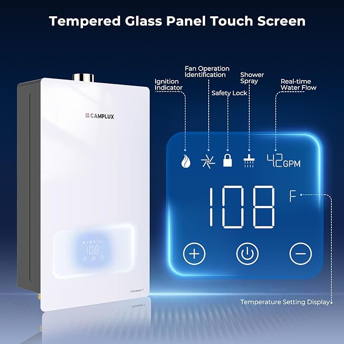 CAMPLUX Climatech 7 Tankless Water Heater Gas 3.6 GPM, 85,300 BTU On Demand Instant Hot Water Heater Natural Gas Tempered Glass Panel, Indoor Installation, CA360WNG