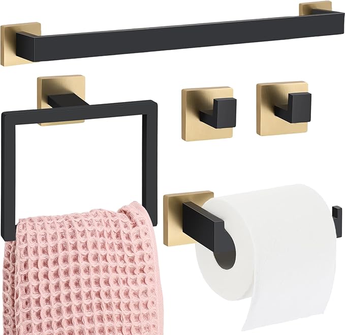 Gisafai 5 Pcs Bathroom Hardware Accessories Set 23.6 Inch Bath Towel Bar Kit Stainless Steel Bathroom Hardware Set Towel Racks Ring Hooks Paper Holder for Wall Mounted (Black Gold)