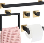 Gisafai 5 Pcs Bathroom Hardware Accessories Set 23.6 Inch Bath Towel Bar Kit Stainless Steel Bathroom Hardware Set Towel Racks Ring Hooks Paper Holder for Wall Mounted (Black Gold)