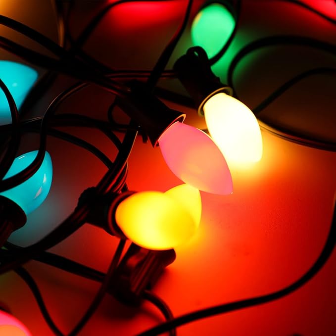 25 Pack C7 Multicolor Christmas Lights Replacement Bulbs, 5W Incandescent Bulb, Warm White 2200K, E12 Base, Waterproof C7 Night Light Bulbs for Christmas String Lights Outdoor Indoor Home Party Decor