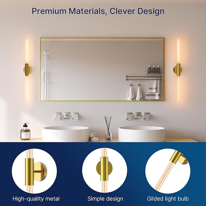FLSNT 2 Light Modern Brushed Gold Wall Sconce with E26 Sockets, Includes 4W Dimmable Gold-Tinted T30 Bulbs, 2200K Warm Amber Glow, 90CRI, Steel Construction, Vintage Wall Light for Living Room