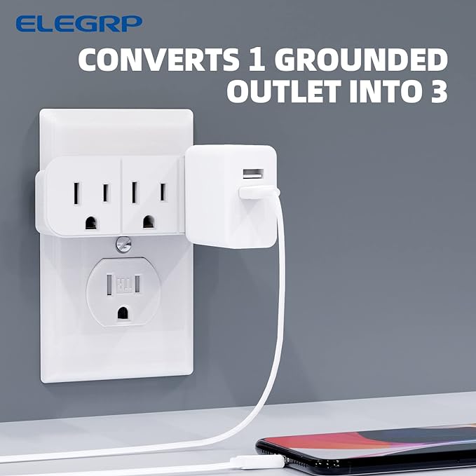 ELEGRP Triple Outlet Extender, 3-Prong Grounded Wall Tab, Multiple Outlet Extender Adapter Plug with 3 Electrical Outlets for Travel Home Hotel Office, ETL Listed, 3 Pack, White