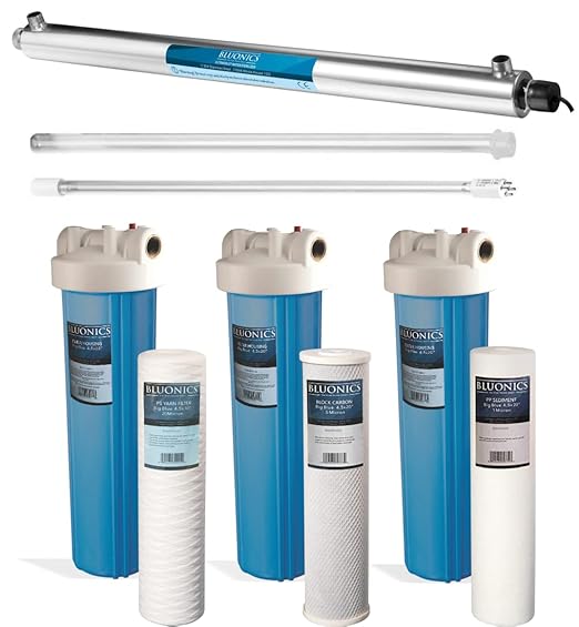 Bluonics 55W UV Ultraviolet Light Plus Sediment and Carbon Well Water Filter Purifier System with NPT 1" Ports, 12 GPM UV with 3 Filter Size 4.5” x 20" Filters for a Large Home/Commercial