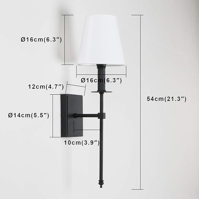 PERMO Single Classic Rustic Wall Sconce Lighting Fixture with Flared White Textile Lamp Shade and Black Tapered Column Stand, Hardwired, E26 Base
