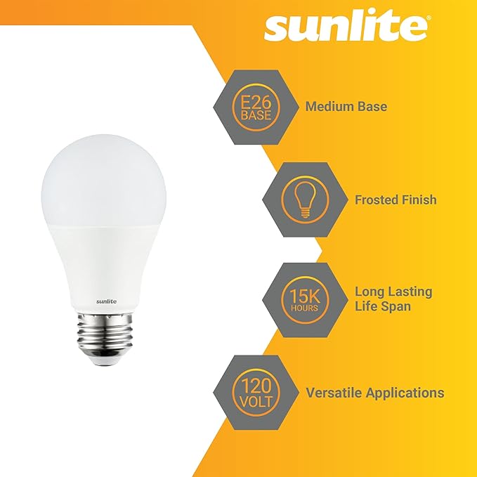 Sunlite 40419 3-Way LED A19 Light Bulb, 5/9/15 Watts (40W 60W 100W Equivalent), 500-1000-1600 Lumens, Medium E26 Base, Omni-Directional, ETL Listed, Frost, 3000K Warm White, 6 Count