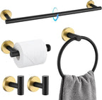 TQKAG Black and Gold Bathroom Accessory Set 5 Pieces, Round Stainless Steel Bath Towel Bar Set 23.6 Inch Towel Racks for Bathroom Wall Mounted