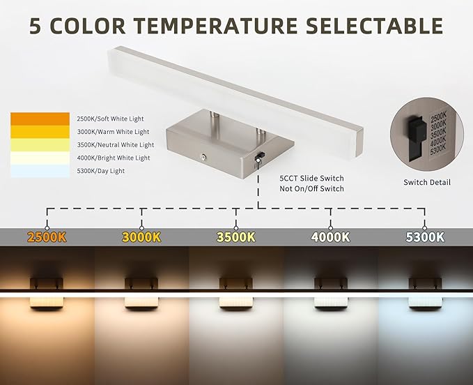 Brushed Nickel Vanity Lights - Dimmable 5CCT Bathroom Lighting Fixtures Over Mirror, Adjustable Angle Wall Light, 15.75" Long 12W LED Bar Light