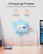 2 Prong Power Strip, 3 to 2 Prong Outlet Adapter, 1700J 2 Prong Surge Protector 5ft Extension Cord with Thin Flat Polarized Plug, 8 AC & 6 USB, Wall Mount for Non-Grounded Outlet, Ideal for Old House