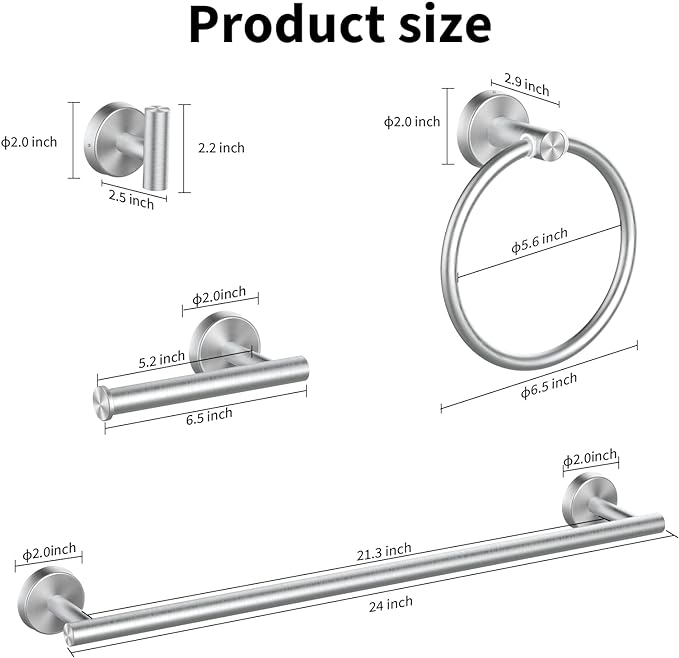 Cilee 8 Piece Brushed Nickel Bathroom Hardware Set, 24inch Bathroom Towel bar+Towel Ring+Toilet Paper Holder+ Robe Towel Hook, SUS304 Stainless Steel Bathroom Accessory Set