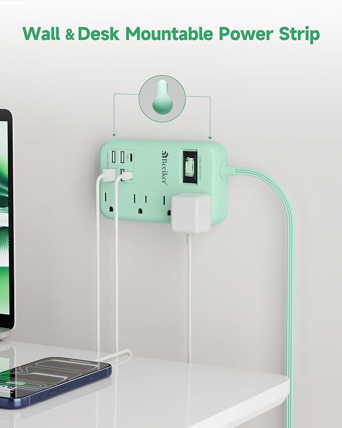 6 USB Green Travel Power Strip- 5Ft Green Extension Cord with 4.8A 2 USB C Charging Station and 4 Outlets, Cute Desk Accessories with Switch for Kawaii Pink Home Office College Dorm Room 24W