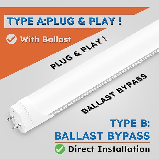 10-Pack T8 LED Tube Lights 4ft, 48 Inch Fluorescent Replacement Bulbs, 5000K Pure Daylight, Hybrid Type A+B Single/Double Ended, Clear Lens, ETL Certified