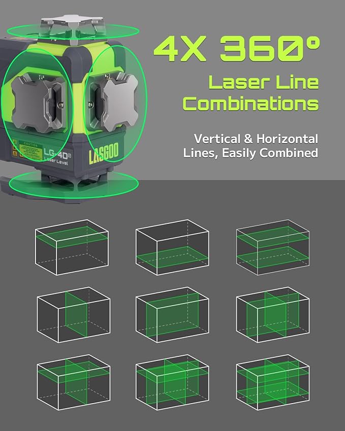 LasGoo 4x360° Self-Leveling Laser Level, 16 Lines Green Cross Line Laser, for Construction Projects and Home Decoration, with 2 Rechargeable Li-Ion Batteries and Magnetic Bracket, LG-4Ds