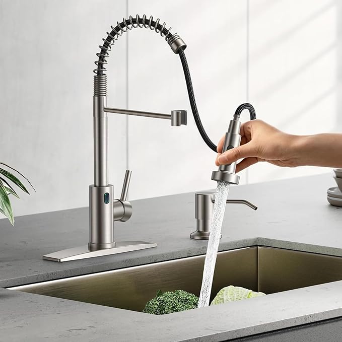 Touch-Less Kitchen Faucet, 3 Modes Pull Down Sprayer, LED Temperature Control,Ceramic Valve, 360-Degree Rotation, 1 or 3 Hole Deck Plate. 10-Year Warranty. (KW-79SN, Brushed Nickel)