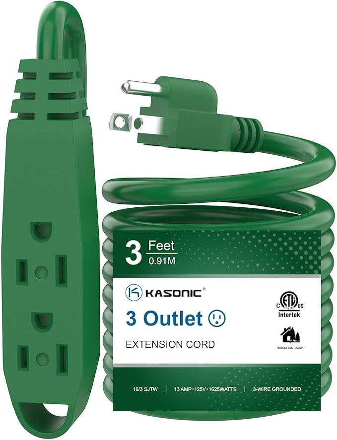 K KASONIC - 3-Feet 3 Outlet Extension Cord, UL Listed, 16/3 SJTW 3-Wire Grounded, 13 Amp 125 V 1625 Watts, Multi-Outlet Indoor/Outdoor Use, Green