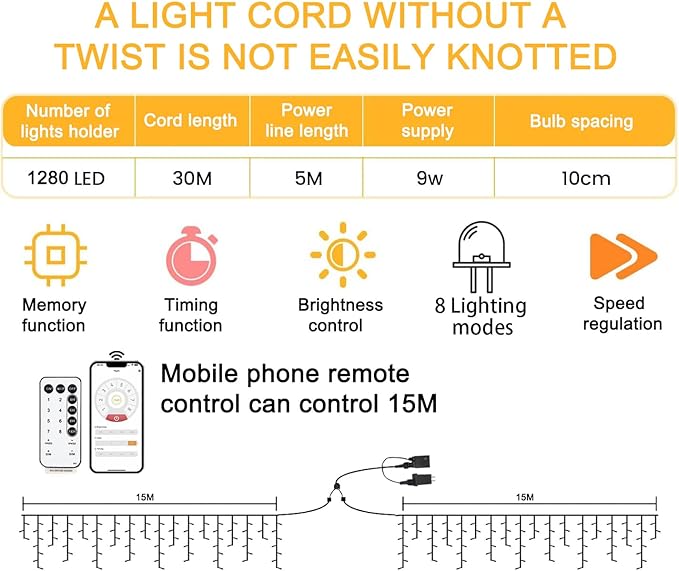 Christmas String Lights Outdoor - 99Ft/30M 1280 LED 8 Modes with Remote Control and App Waterproof Christmas Lights for Patio Yard Garden Wedding Party-White