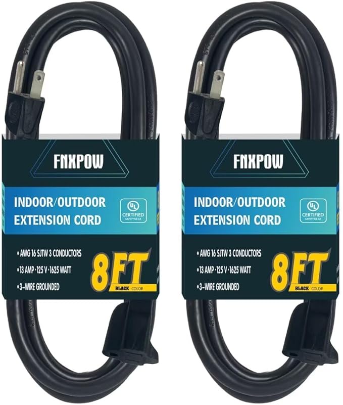 Indoor Outdoor Extension Cord 8 FT Waterproof, 16/3 Gauge Heavy Duty Black Extension Cords, 13A 1625W SJTW Extension Cord with 3 Prong Grounded Plug, Great for Tools, Lights, UL Listed, 2PK