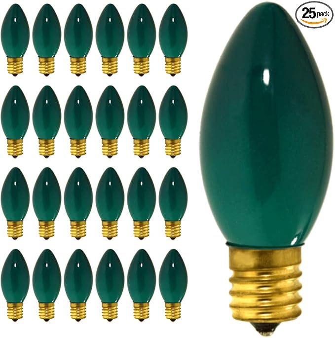 GoodBulb 7-Watt C9 Green Ceramic Holiday Light Bulbs Intermediate E17 Base 50 Lumens Christmas Lights Bulbs Ideal for Holiday Decorations Pack of 25 Bulbs