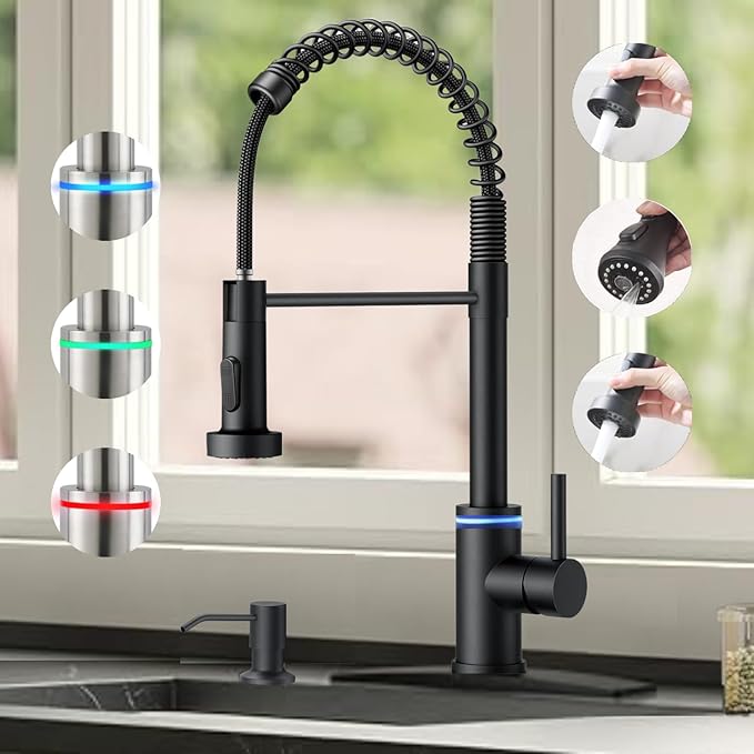 Smart Kitchen Faucet, 3 Modes Pull Down Sprayer, LED Temperature Control, Ceramic Valve, 360-Degree Rotation, 1 or 3 Hole Deck Plate. 10-Year Warranty. (KW-56R, Matt Black)