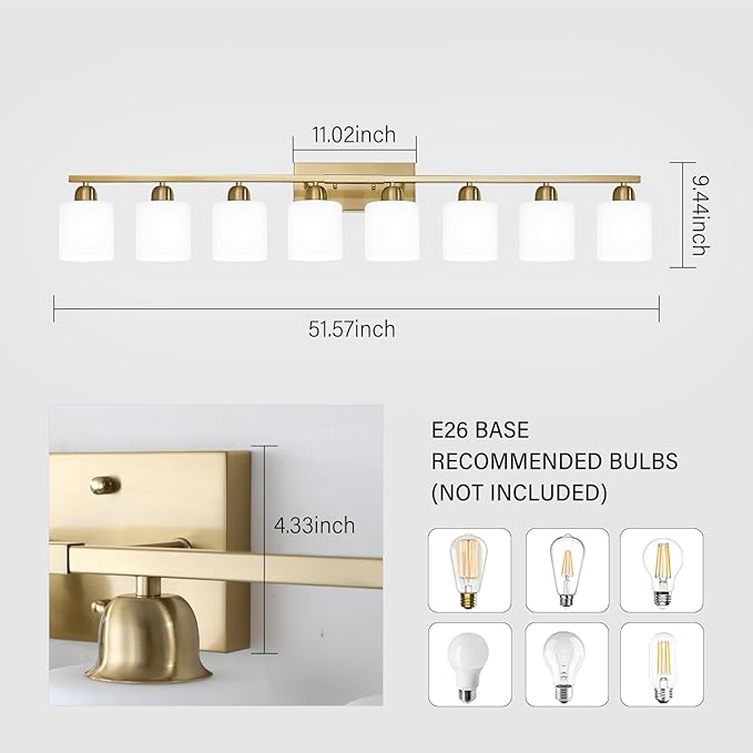 8 Light Bathroom Light Fixtures Gold for Big Mirror, Brushed Gold Vanity Lights for Bathroom with Milky White Frosted Glass Shades, 51 inch Wall Sconce for Mirrors Living Room Bedroom