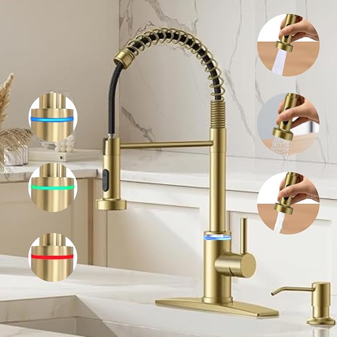 Smart Kitchen Faucet, 3 Modes Pull Down Sprayer, LED Temperature Control, Ceramic Valve, 360-Degree Rotation, 1 or 3 Hole Deck Plate. 10-Year Warranty. (KW-56J, Gold)