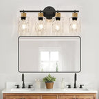 2025 Upgrade Bathroom Light Fixtures, 4-Light Coastal Vanity Lights with Crystal Glass Shade, Black Bathroom Wall Lamp for Mirror Kitchen Hallway Cabinet