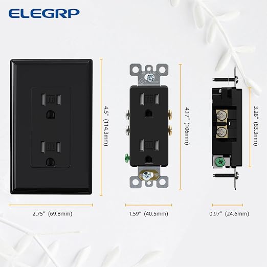 ELEGRP Decorator Wall Receptacle Outlet, Tamper Resistant 15A 125V Standard Electrical Wall Outlet, Residential Grade, Self-grounding, with Screwless Wall Plate, UL (50 Pack, Glossy Black)