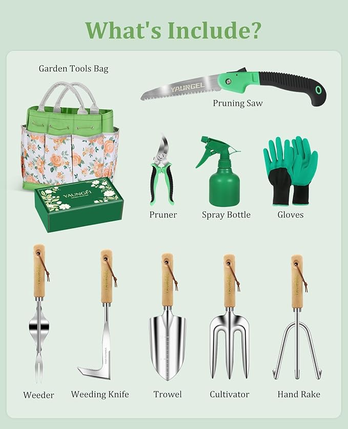 Gardening Tool Set for Women - 10 Piece Heavy Duty Stainless Steel Garden Tools Kit with Ergonomic Non-Slip Handle and Stylish Storage Tote Bag, Ideal Gardening Gifts for Mom, Grandma, Gardeners