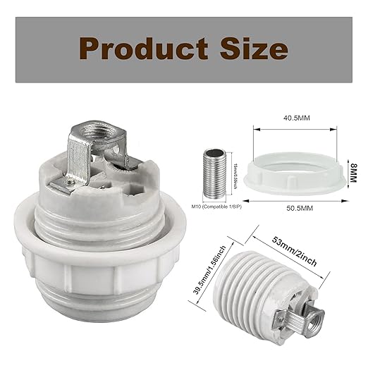 Porcelain Threaded Socket with Metal Shade Ring,JNXQWE Ceramic Medium Base Screw Socket with Hickey IPS 1/8-27,Glazed (3-Pack,Threaded)