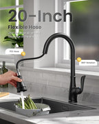 APPASO Matte Black Kitchen Faucet with Pull Down Sprayer, High Arc Single Handle with 3 Modes Spray Head, Neoperl Aerator, cUPC-Certified Pull-Out Hose, Water Supply Tubing & Valve