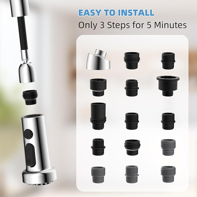 Hibbent Stainless Steels Pull Down Kitchen Faucet Head Replacement, 3 Function Sink Faucet Sprayer Head with 15 Adapters, Compatible with Moen, American Standard, Delta, Kohler Faucets, Chrome