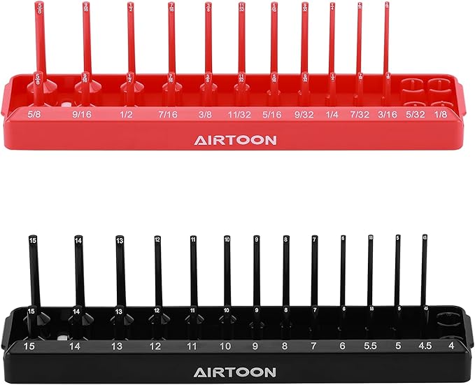 AIRTOON 1/4-Inch Drive Socket Organizer Trays, 2-Piece SAE and Metric Socket Tray Set, Deep and Standard Socket Holders Organizers for Toolbox, Black & Red