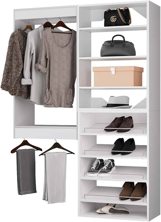 ROOMTEC Modular Closet System, 52" Wall Mounted Closet Organizer with Hanging Rods and Shoe Shelf, Wooden Tower for Walk-In Closets, Wardrobe Storage Kit, White