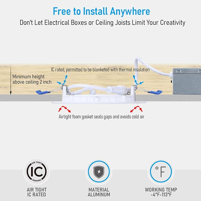 TORCHSTAR 5CCT 4 Inch Slim LED Recessed Lighting with Junction Box, Dimmable 10W Ultra-Thin Recessed Light, 2700K3000K3500K4000K5000K Selectable, 700LM LED Downlight, ETL & Energy Star, Pack of 6