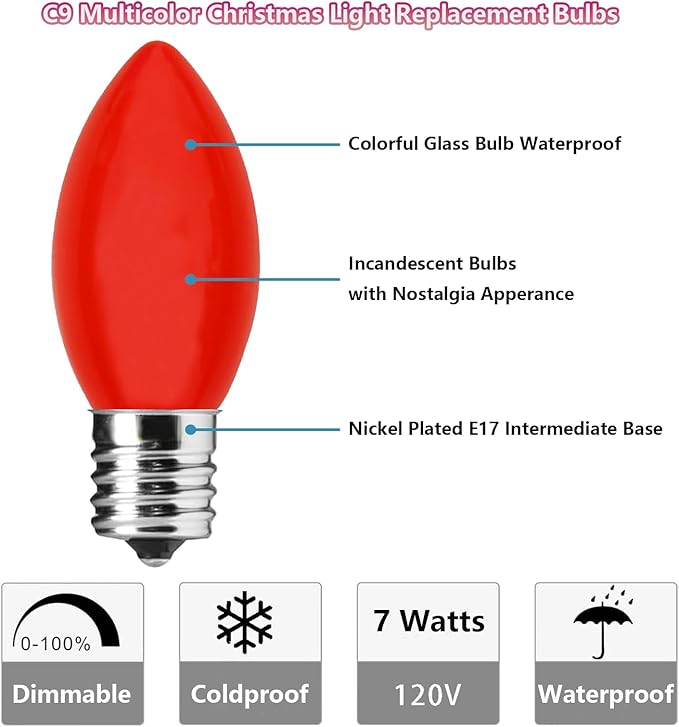 C9 Incandescent Light Bulbs Christmas Light Bulbs, 25 Pack C9 Opaque Multicolor Replacement Bulbs, E17/C9 Intermediate Base Bulbs for Patio Outdoor Christmas String Lights, 7 Watts