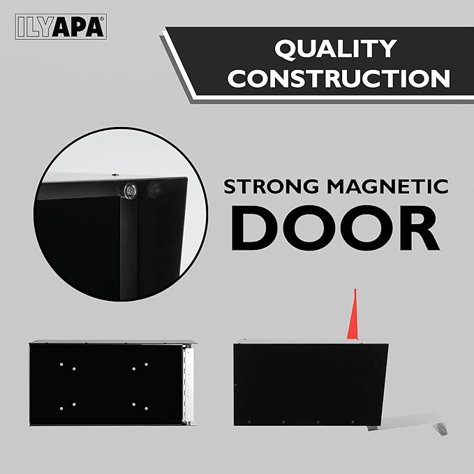 Ilyapa Modern Mailbox for Post Mount - Black with Gray Door Powder Coated Steel, Waterproof Letter Box for Parcels, with Recessed Magnetic Close Door