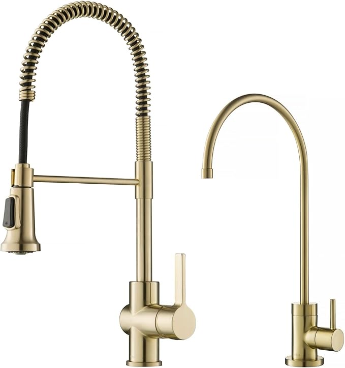 KRAUS Britt Commercial Style Kitchen Faucet and Purita Water Filter Faucet Combo in Spot Free Antique Champagne Bronze, KPF-1690-FF-100SFACB