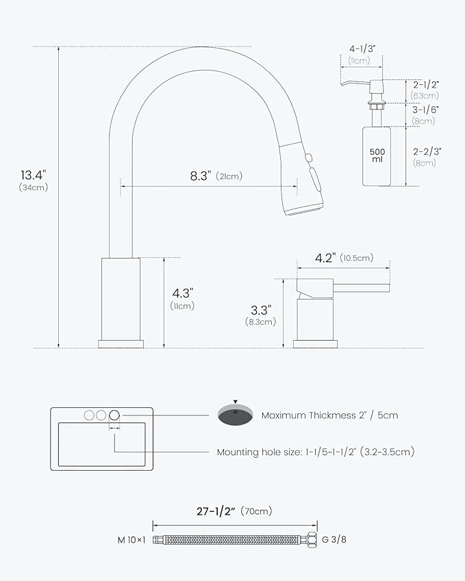 APPASO 3 Hole Kitchen Faucet, Matte Black Kitchen Faucet with Soap Dispenser and Pull Down Sprayer 3 Modes, Stainless Steel High Arch Kitchen Sink Faucet with Separate Handle 3 Pieces