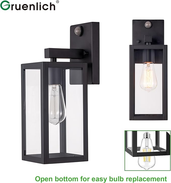 GRUENLICH Dusk to Dawn Large Outdoor Wall Lantern, PIR Motion Sensor Wall Sconce, E26 Base Max 60W, Metal Housing Plus Glass, Matte Black Finish, Bulb Not Included, 1-Pack
