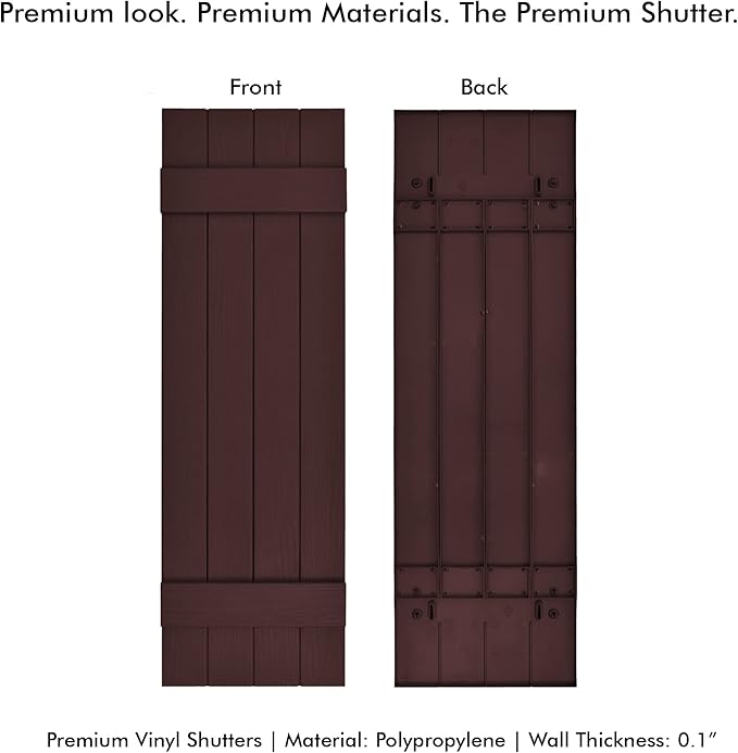 Board & Batten Vinyl Shutters (1 Pair) | 14.5"x47" (4-Board) - Dark Cherry Mocha | Exterior Window Shutters | Includes Mounting Hardware | Simple Installation | Made in USA