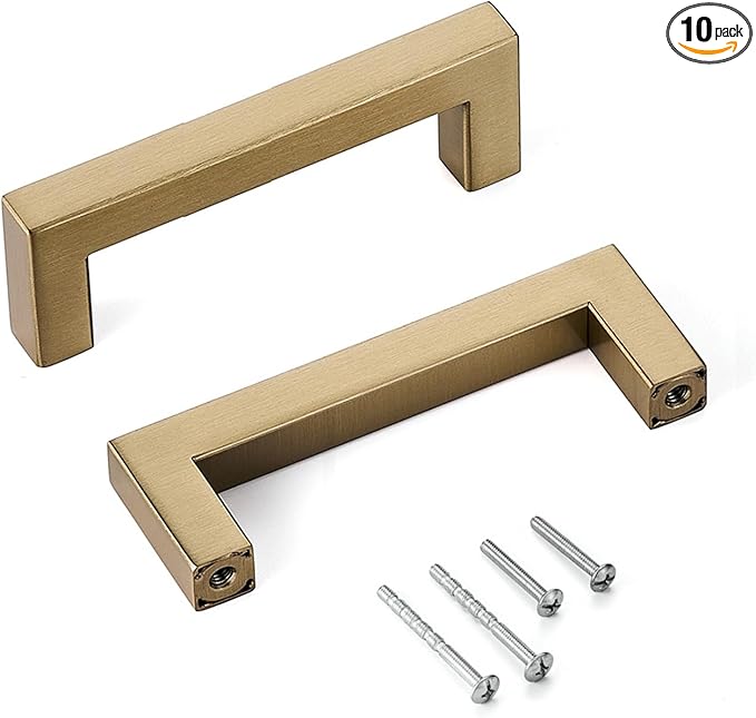 10 Pack Champagne Cabinet Handles 3 Inch Hole to Hole Square Drawer Pulls Cupboard Handles Champagne Bronze Handled for Cabinets Modern Stainless Steel Kitchen Hardware