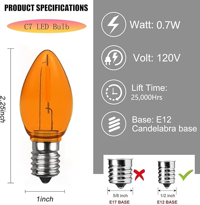 10 Pack Christmas Replacement Multicolour Bulbs,Outdoor Individual LED Bulbs for Events, Holiday Parties, Patios C7/E12 Candelabra Base,Shatterproof Plastic