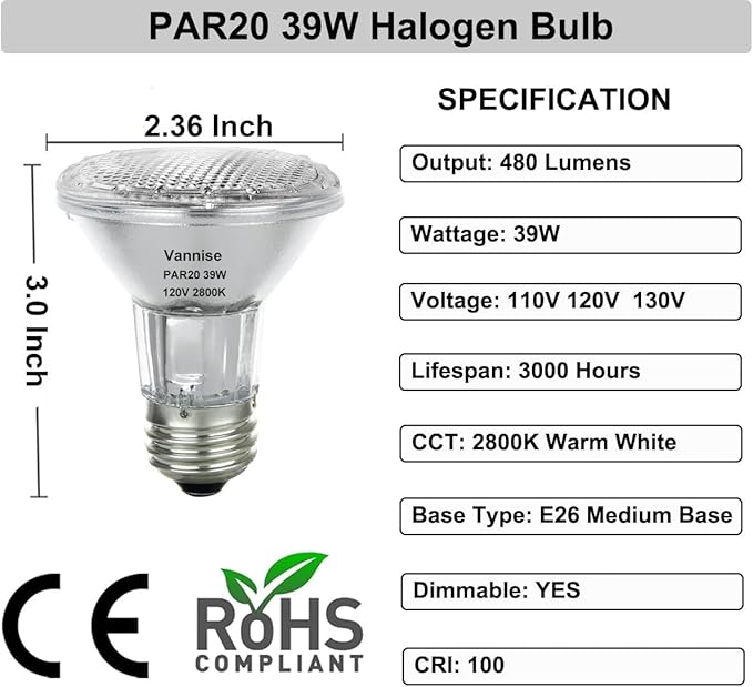 PAR20 39W Halogen Flood Light Bulbs 2PCS, 39w 120V 480 Lumens, E26 Medium Base, 2800K Warm White Dimmable for Indoor Spotlight, Range Hood Light Bulbs, Recessed Bulbs