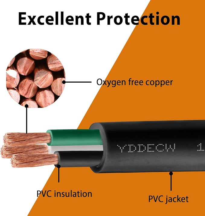 10ft 14/3 14 AWG Portable Power Cable (3 Conductor) - SJOOW 300V 14 Gauge Electric Wire for Motor Leads, Portable Lights, Battery Chargers and Machinery - 3 Conductor - 10 Feet Electrical Cord