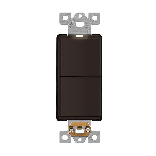 LIDER Minimalist Design Matte Finish Lighted Double Switch, Combination Frameless Decorator Switch with Locator Light, Ground Terminal, Single Pole, 15A 120-277V, UL Listed, LCS2-1P-BR, Brown