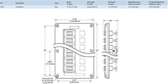 Blue Sea Systems 4322 Water-Resistant Circuit Breaker Switch Panel, Gray, 6 Positions