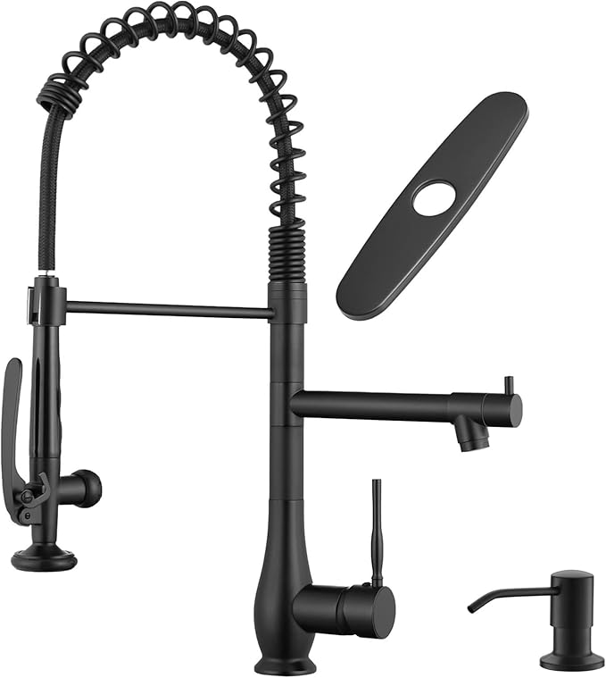 GIMILI Commercial Kitchen Faucet with Pull Down Sprayer, Double Headed Single Handle High Pressure Kitchen Faucet with Soap Dispenser Matte Black